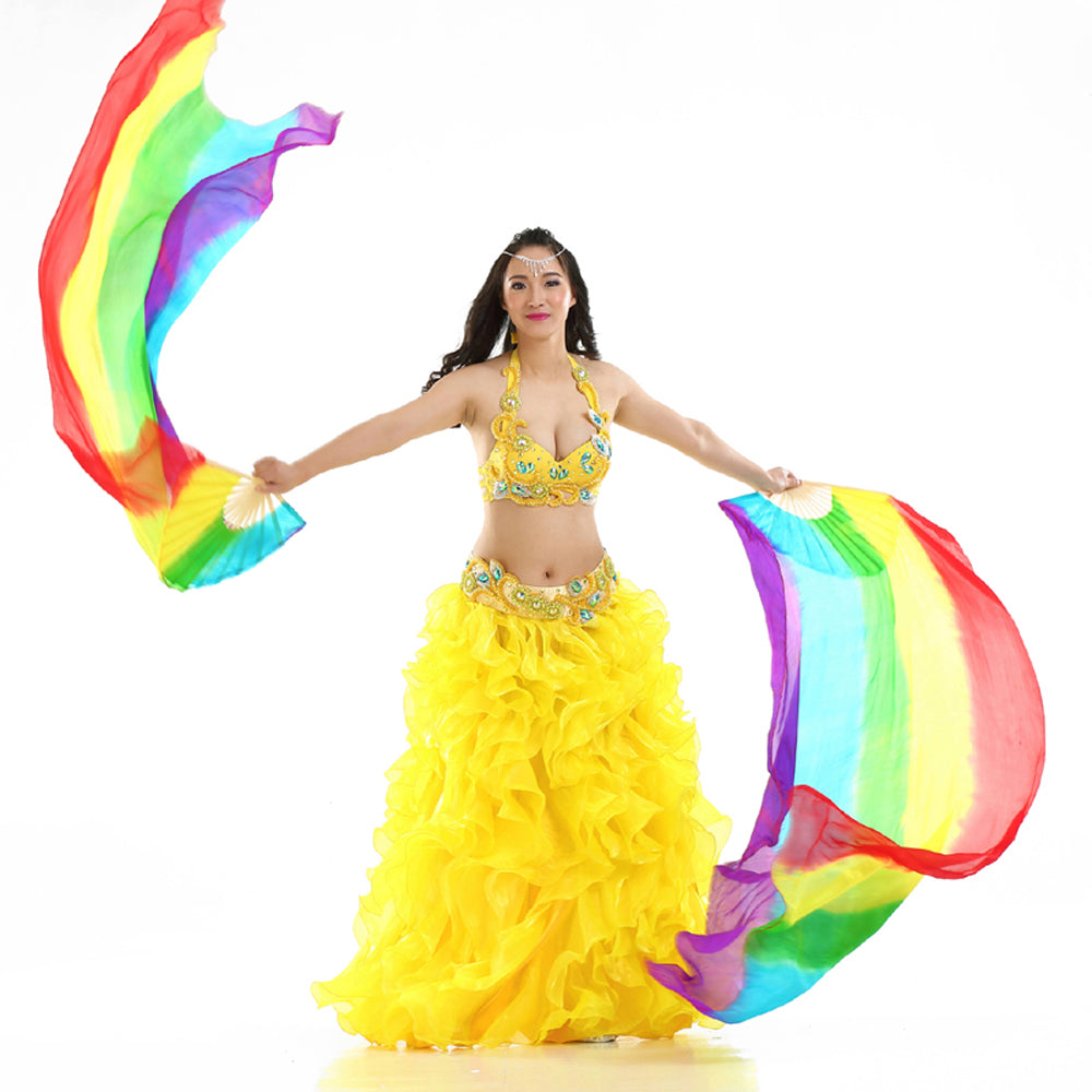 180x90cm 100% Real Silk Chinese Belly Dance Fans Veils Hand Made Rainbow Fans