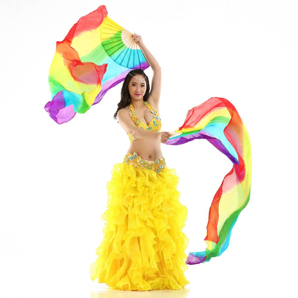 180x90cm 100% Real Silk Chinese Belly Dance Fans Veils Hand Made Rainbow Fans