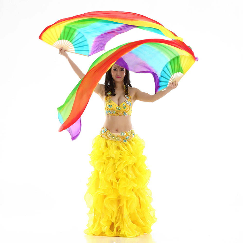 180x90cm 100% Real Silk Chinese Belly Dance Fans Veils Hand Made Rainbow Fans