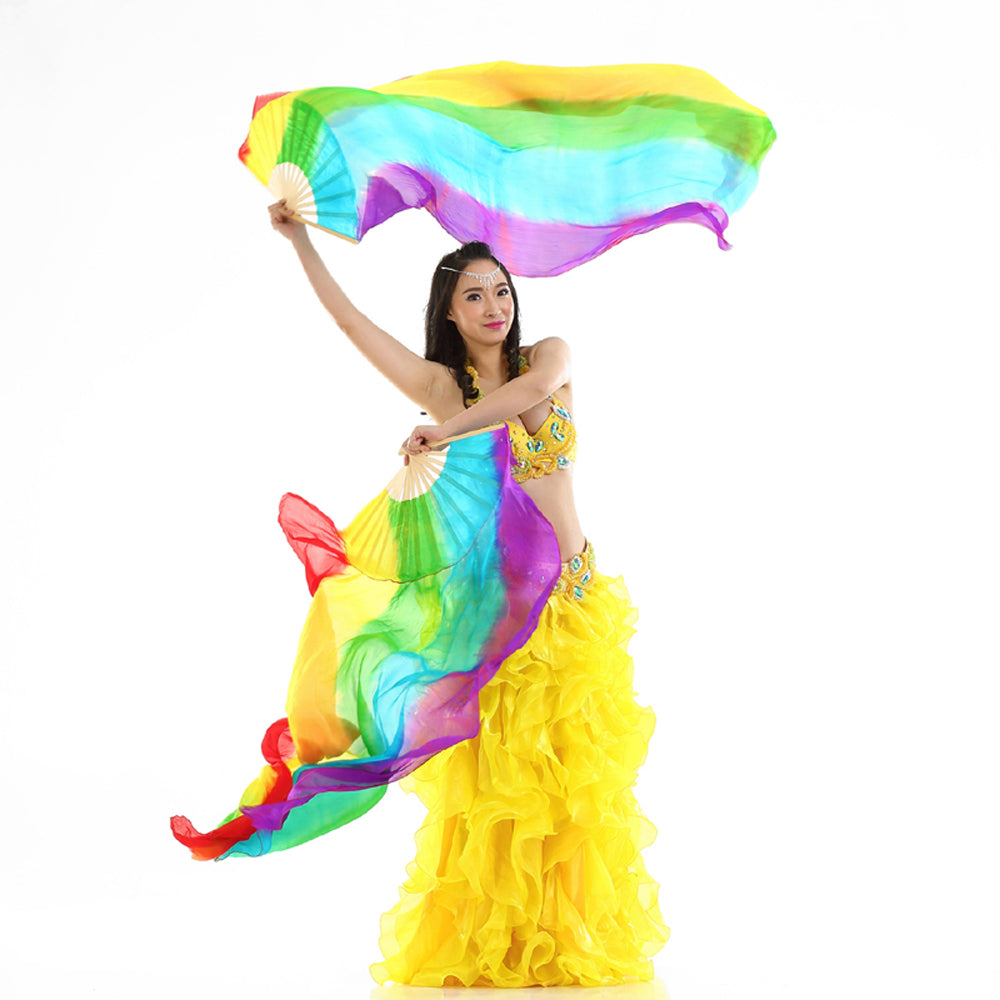 180x90cm 100% Real Silk Chinese Belly Dance Fans Veils Hand Made Rainbow Fans