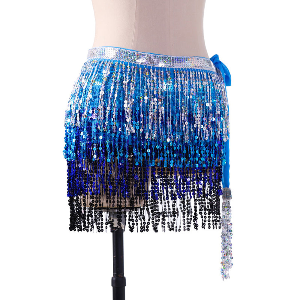 Sequined Fringed 4-Layers Drawstring Closure Belly Dance Waist Chain Skirt Hip Scarf Latin Skirt