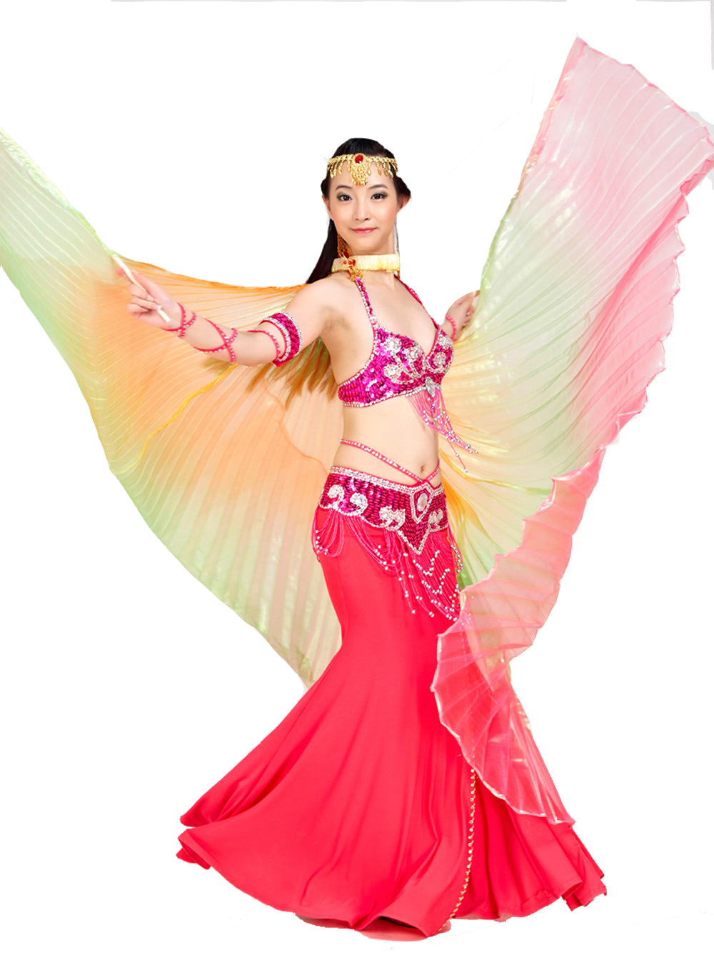 Women's Belly Dance Costume Isis Wings, Tricolor Dance Wings Angel Wings for Halloween Carnival Performance with Sticks