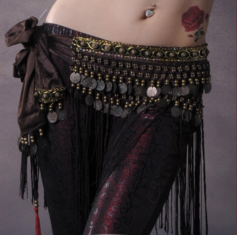 Women's Belly Dance Tribal Hip Scarf with Fringe Coins Flannel
