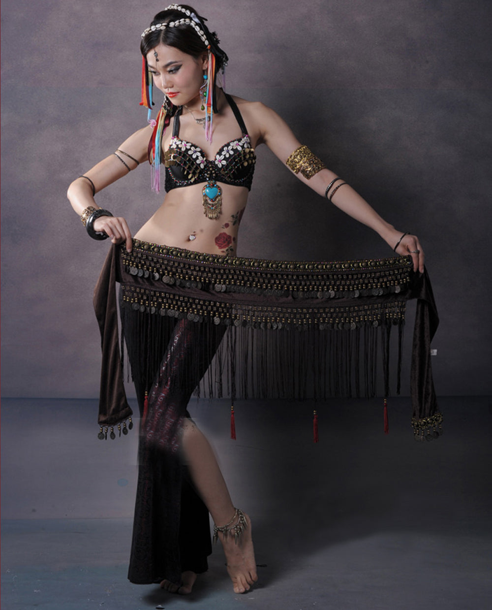 Women's Belly Dance Tribal Hip Scarf with Fringe Coins Flannel