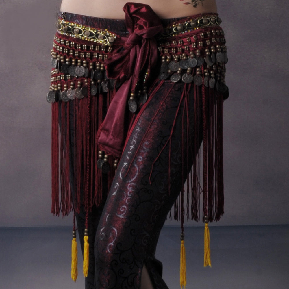 Women's Belly Dance Tribal Hip Scarf with Fringe Coins Flannel