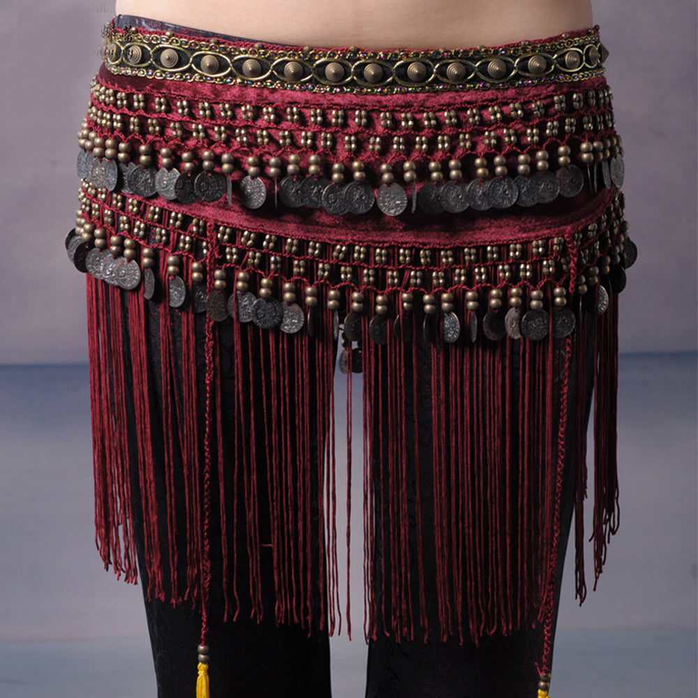 Women's Belly Dance Tribal Hip Scarf with Fringe Coins Flannel