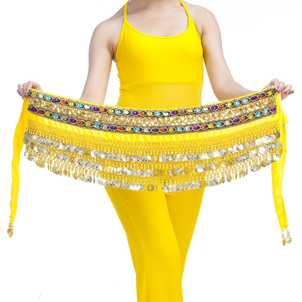 Belly Dance Wave Shape Hip Scarf with 248 Coins and Colorful Rhinestone, Belly Dance Waist Belts