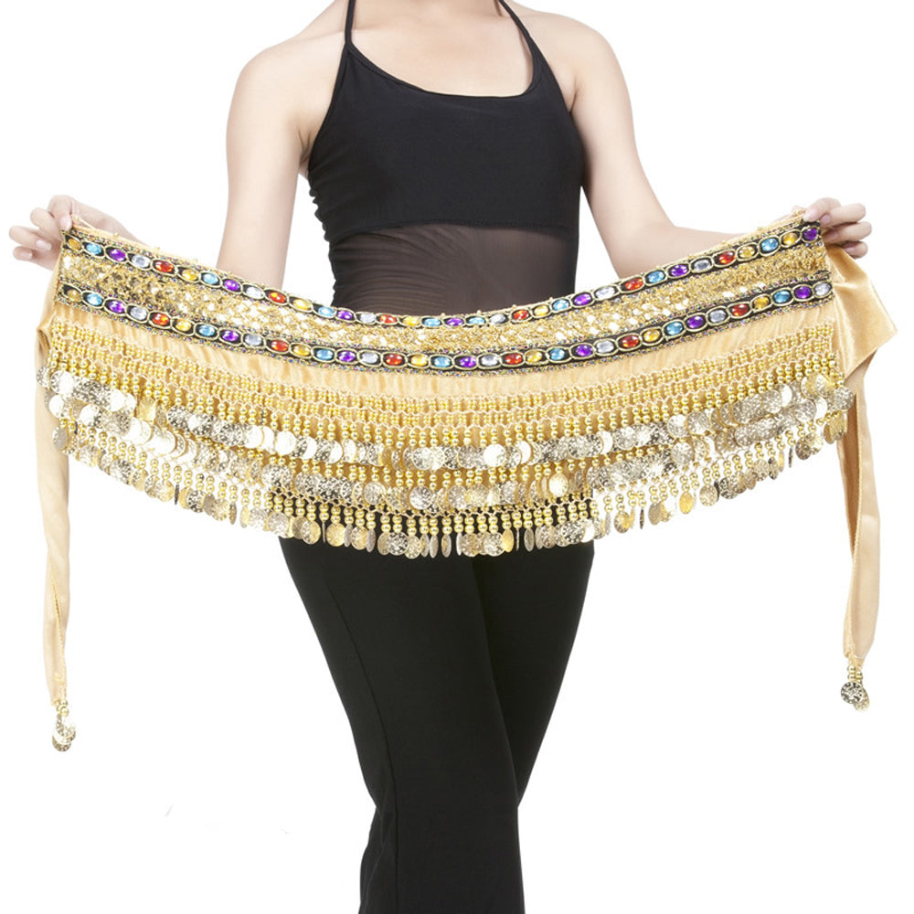 Belly Dance Wave Shape Hip Scarf with 248 Coins and Colorful Rhinestone, Belly Dance Waist Belts