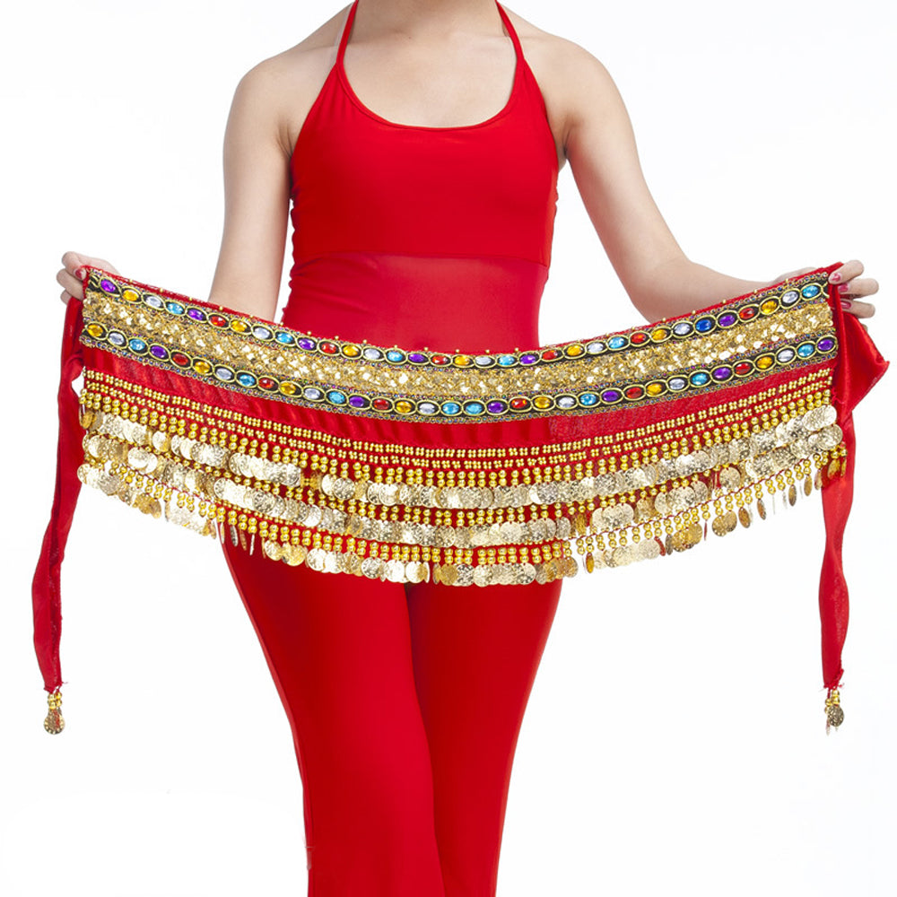 Belly Dance Wave Shape Hip Scarf with 248 Coins and Colorful Rhinestone, Belly Dance Waist Belts