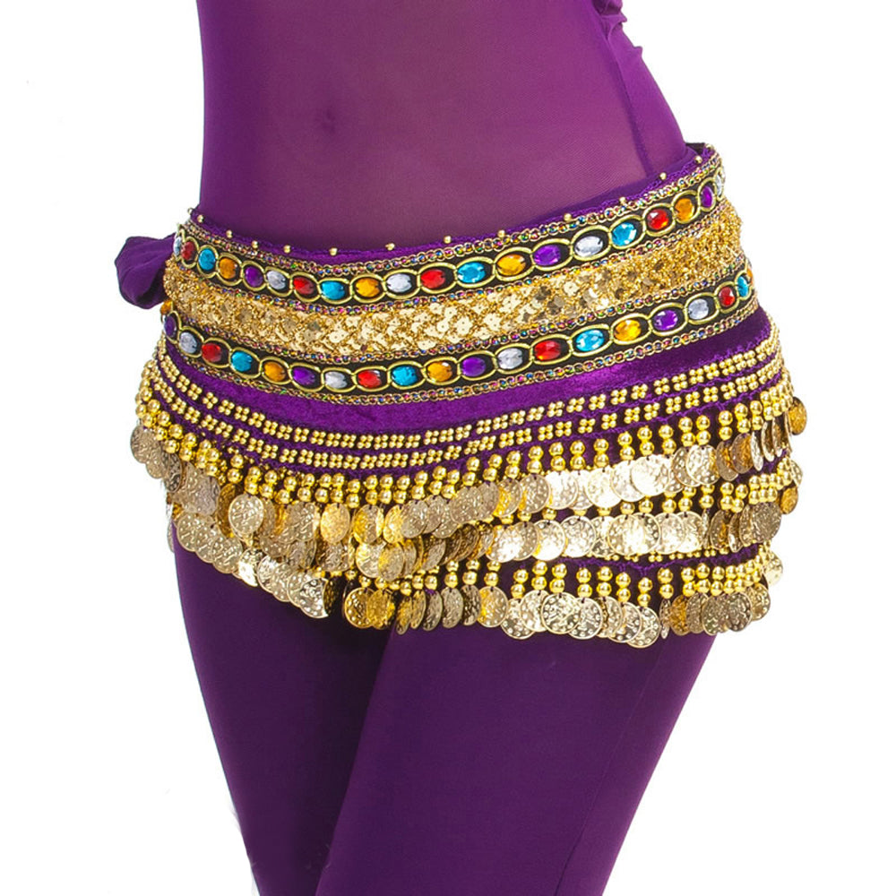 Belly Dance Wave Shape Hip Scarf with 248 Coins and Colorful Rhinestone, Belly Dance Waist Belts