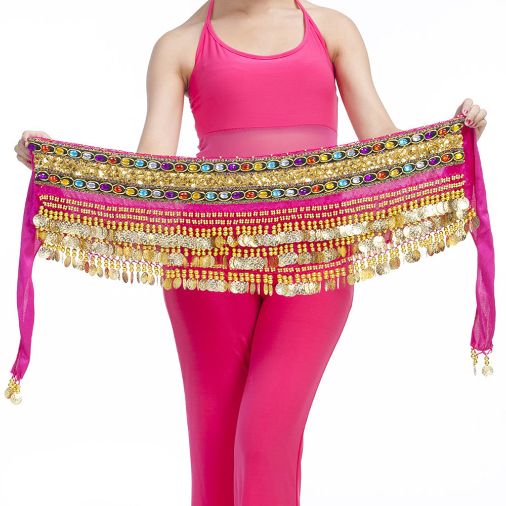 Belly Dance Wave Shape Hip Scarf with 248 Coins and Colorful Rhinestone, Belly Dance Waist Belts