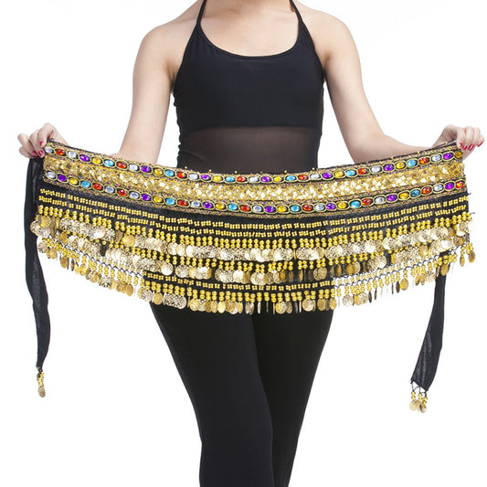 Belly Dance Wave Shape Hip Scarf with 248 Coins and Colorful Rhinestone, Belly Dance Waist Belts