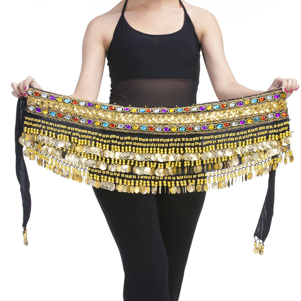 Belly Dance Wave Shape Hip Scarf with 248 Coins and Colorful Rhinestone, Belly Dance Waist Belts