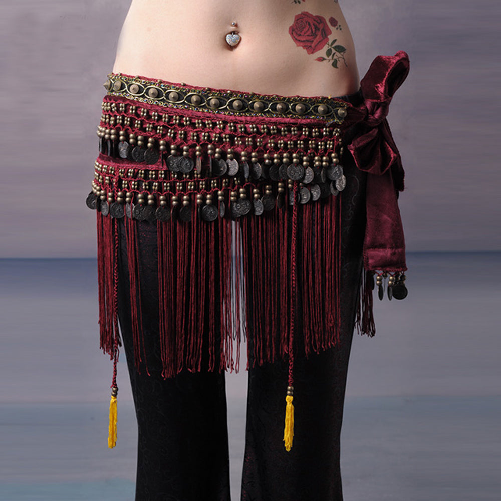 Women's Belly Dance Tribal Hip Scarf with Fringe Coins Flannel