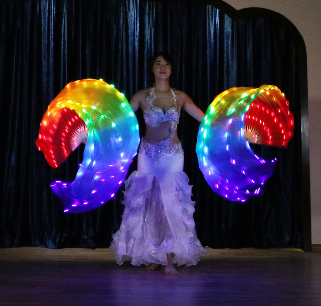 LED Fans Veil 100% Real Silk - 1.8m Long Bamboo Fans Veil Hand Made Silk Fans for Dance/Outdoor