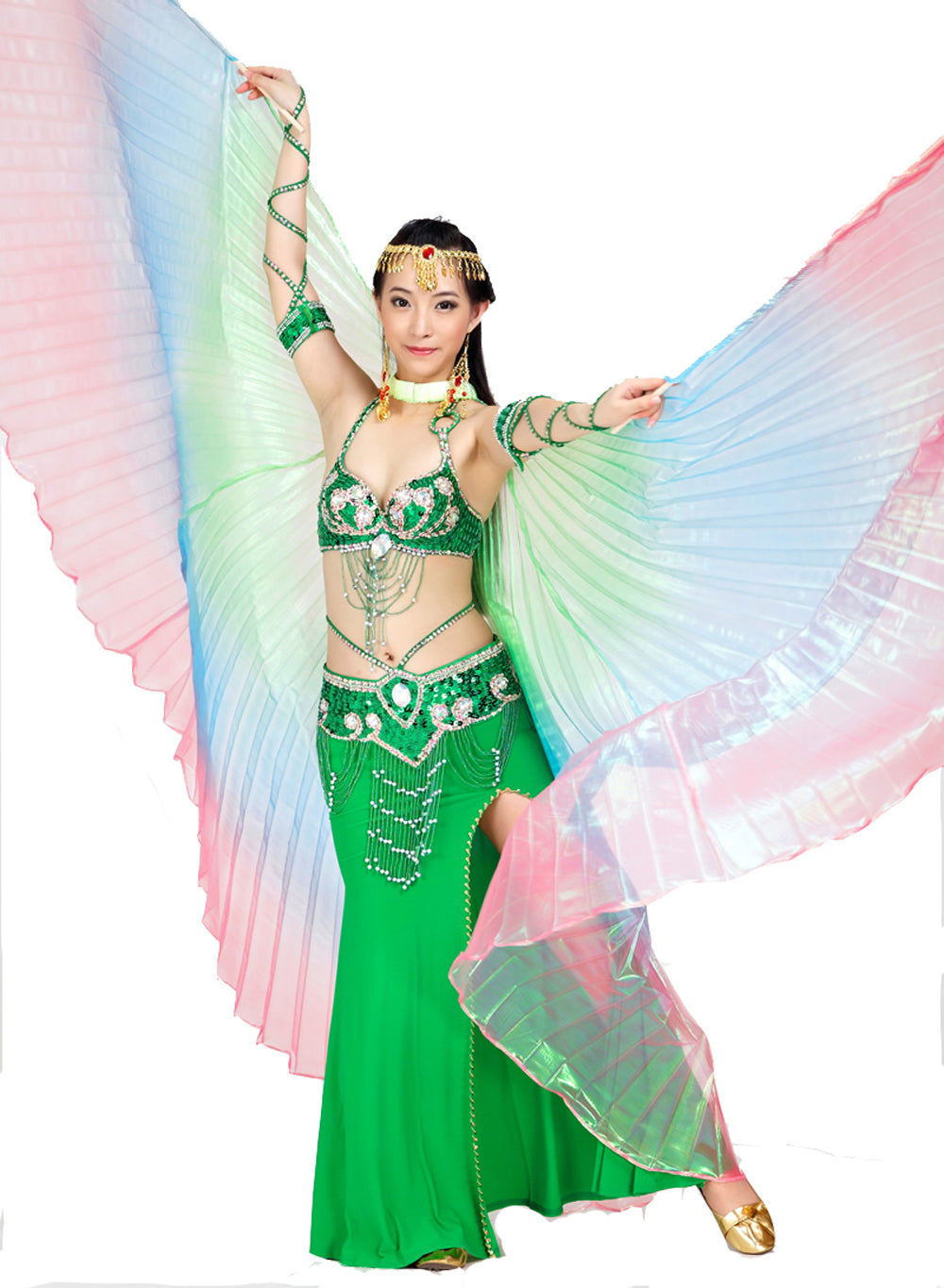 Women's Belly Dance Costume Isis Wings, Tricolor Dance Wings Angel Wings for Halloween Carnival Performance with Sticks
