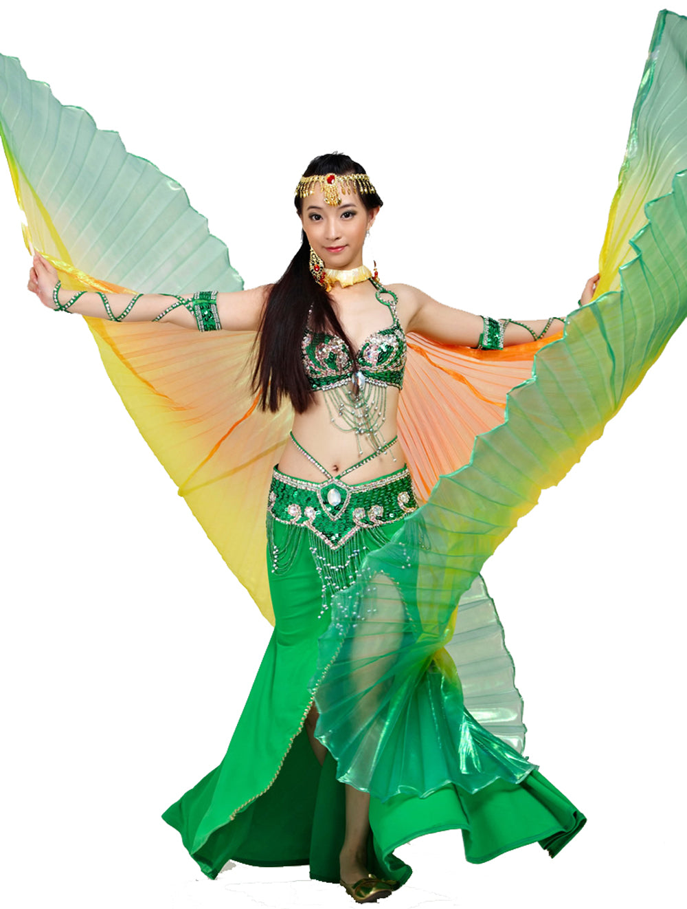 Women's Belly Dance Costume Isis Wings, Tricolor Dance Wings Angel Wings for Halloween Carnival Performance with Sticks