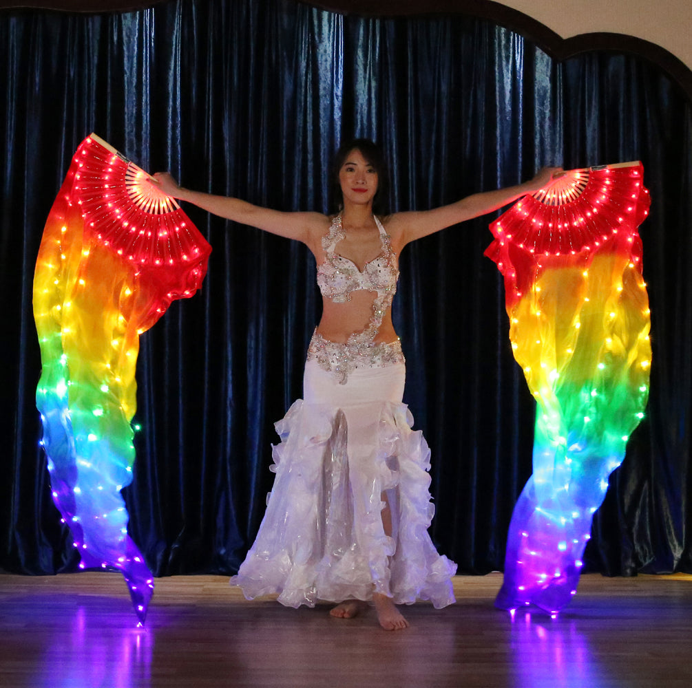 LED Fans Veil 100% Real Silk - 1.8m Long Bamboo Fans Veil Hand Made Silk Fans for Dance/Outdoor