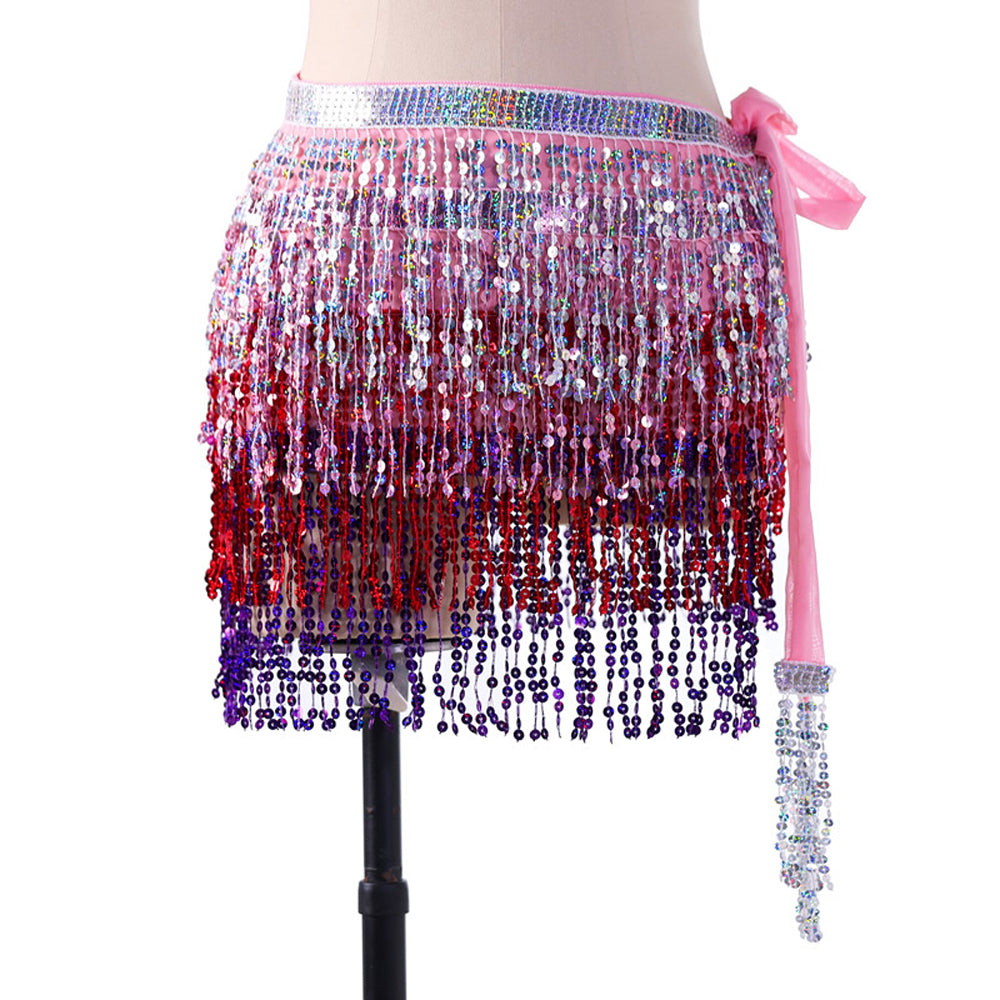 Sequined Fringed 4-Layers Drawstring Closure Belly Dance Waist Chain Skirt Hip Scarf Latin Skirt