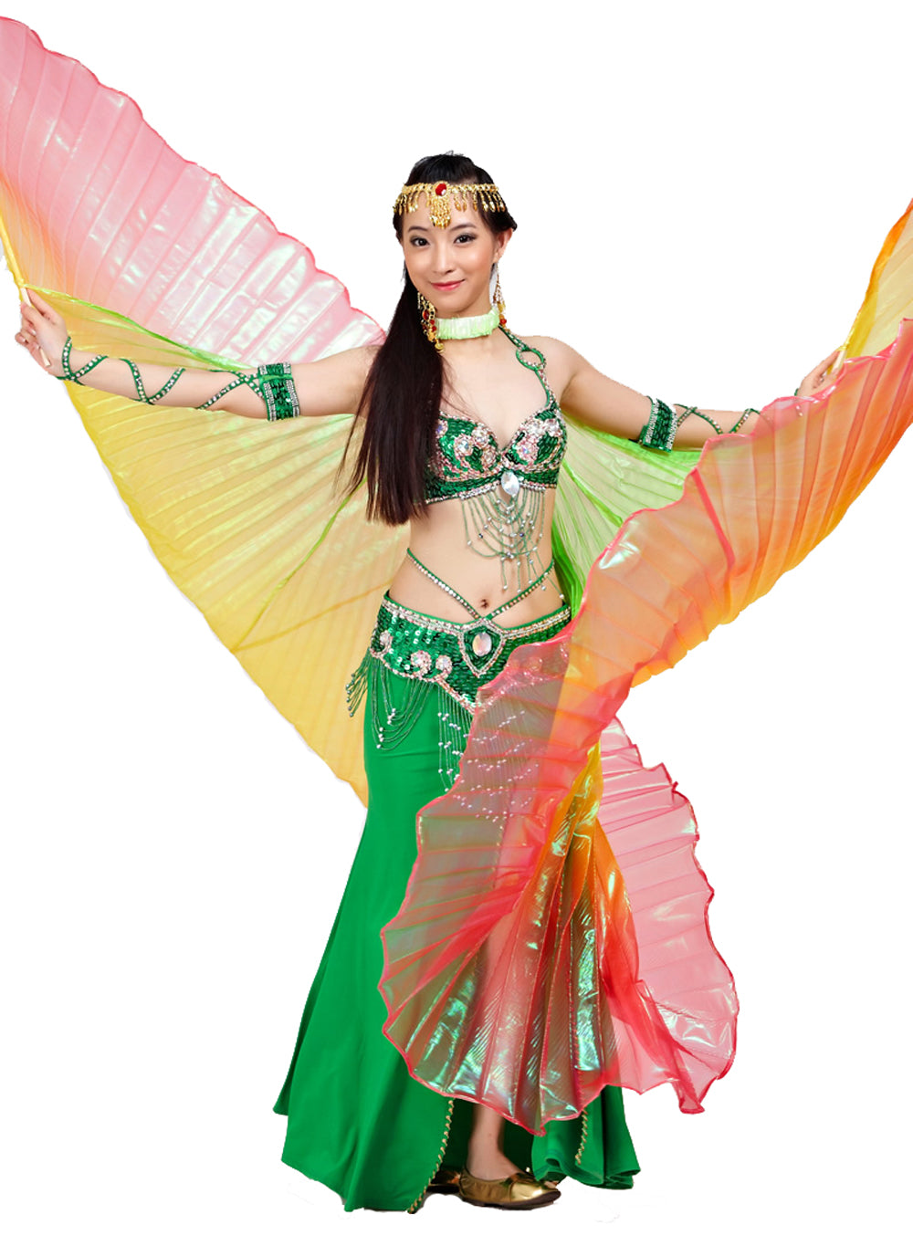Women's Belly Dance Costume Isis Wings, Tricolor Dance Wings Angel Wings for Halloween Carnival Performance with Sticks