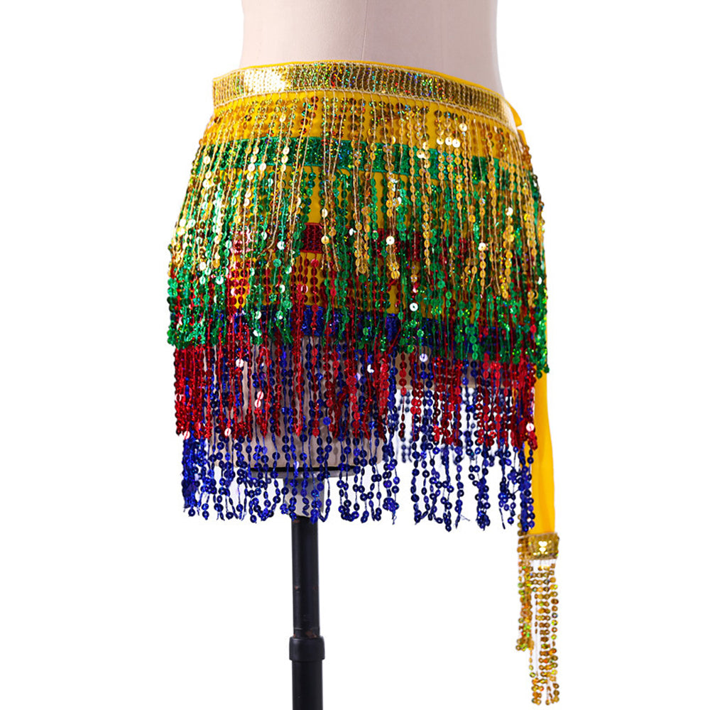 Sequined Fringed 4-Layers Drawstring Closure Belly Dance Waist Chain Skirt Hip Scarf Latin Skirt
