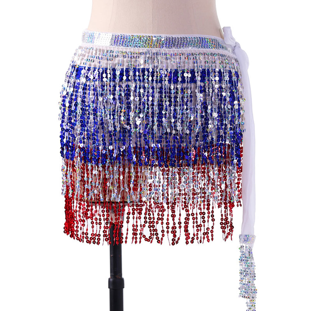 Sequined Fringed 4-Layers Drawstring Closure Belly Dance Waist Chain Skirt Hip Scarf Latin Skirt