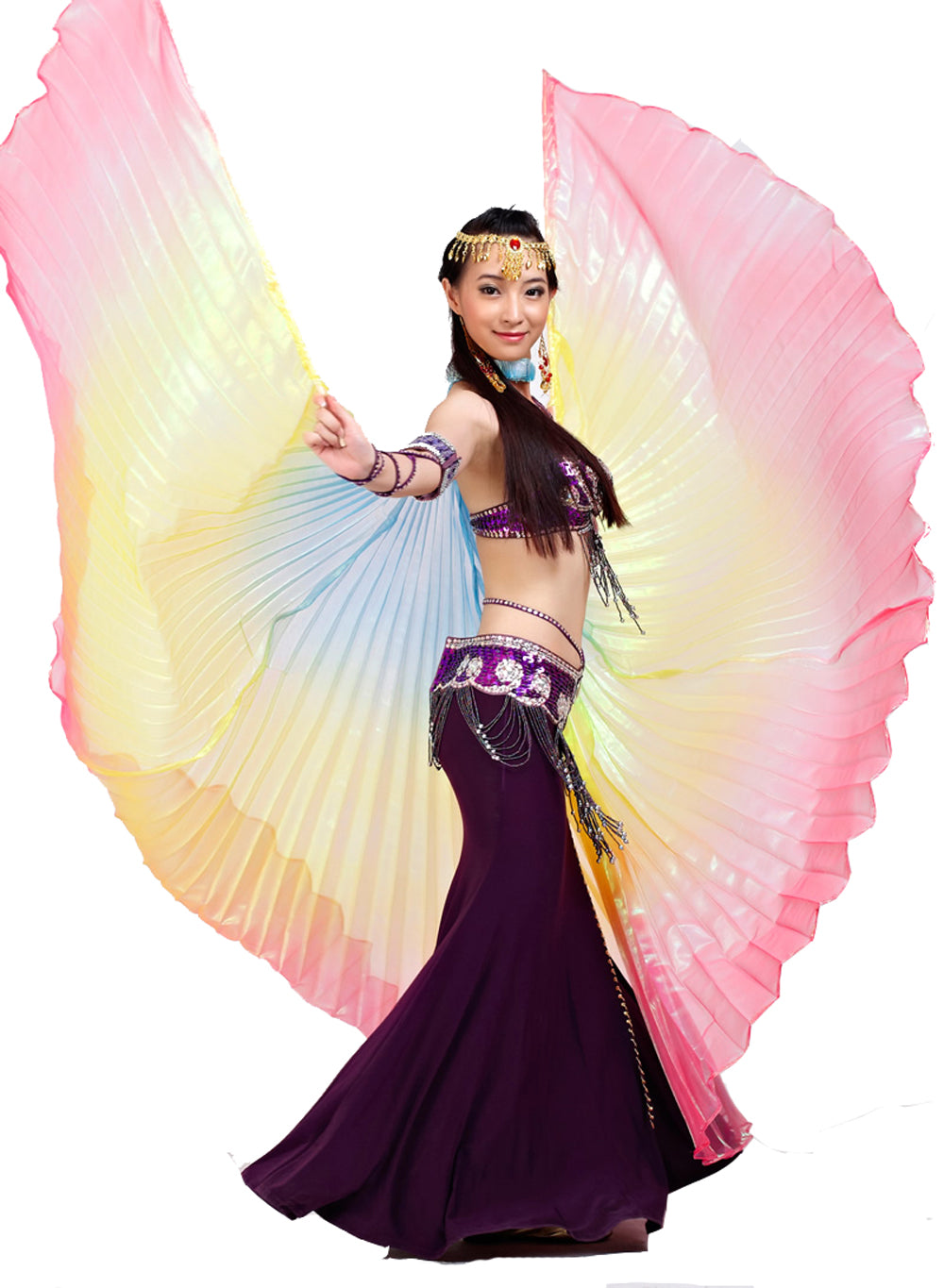 Women's Belly Dance Costume Isis Wings, Tricolor Dance Wings Angel Wings for Halloween Carnival Performance with Sticks