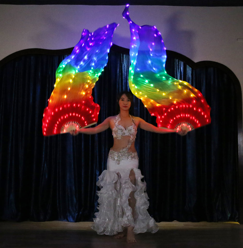 LED Fans Veil 100% Real Silk - 1.8m Long Bamboo Fans Veil Hand Made Silk Fans for Dance/Outdoor