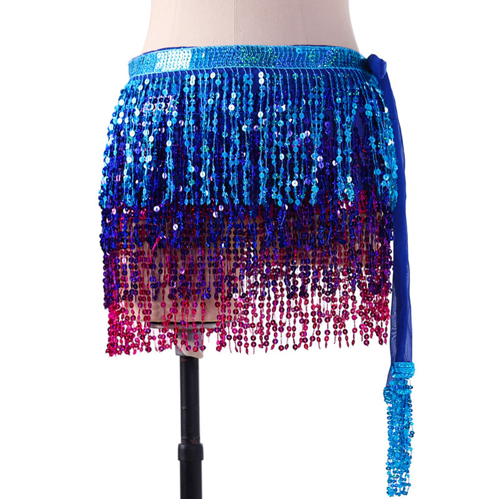 Sequined Fringed 4-Layers Drawstring Closure Belly Dance Waist Chain Skirt Hip Scarf Latin Skirt