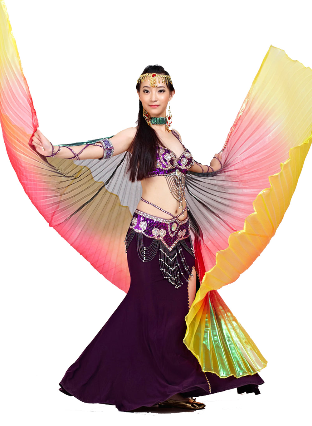Women's Belly Dance Costume Isis Wings, Tricolor Dance Wings Angel Wings for Halloween Carnival Performance with Sticks