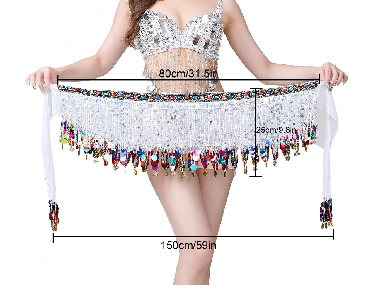 Sequined Chiffon Tassel Belly Dance Waist Chain with Colored Rhinestones Skirt Hip Scarf Latin Skirt