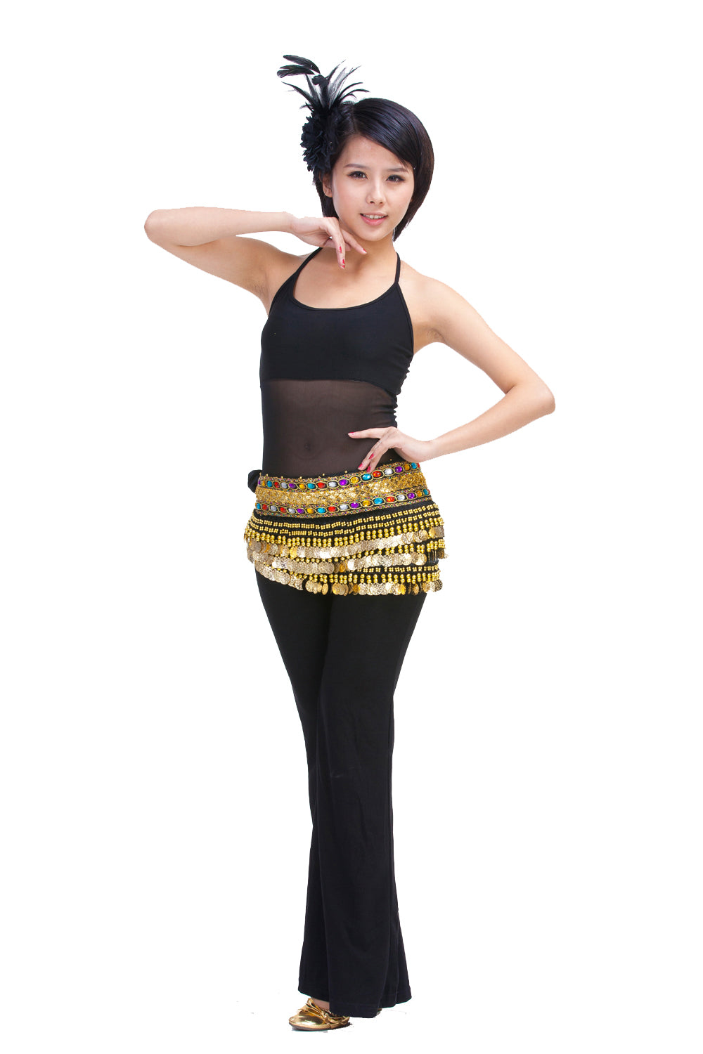 Belly Dance Wave Shape Hip Scarf with 248 Coins and Colorful Rhinestone, Belly Dance Waist Belts