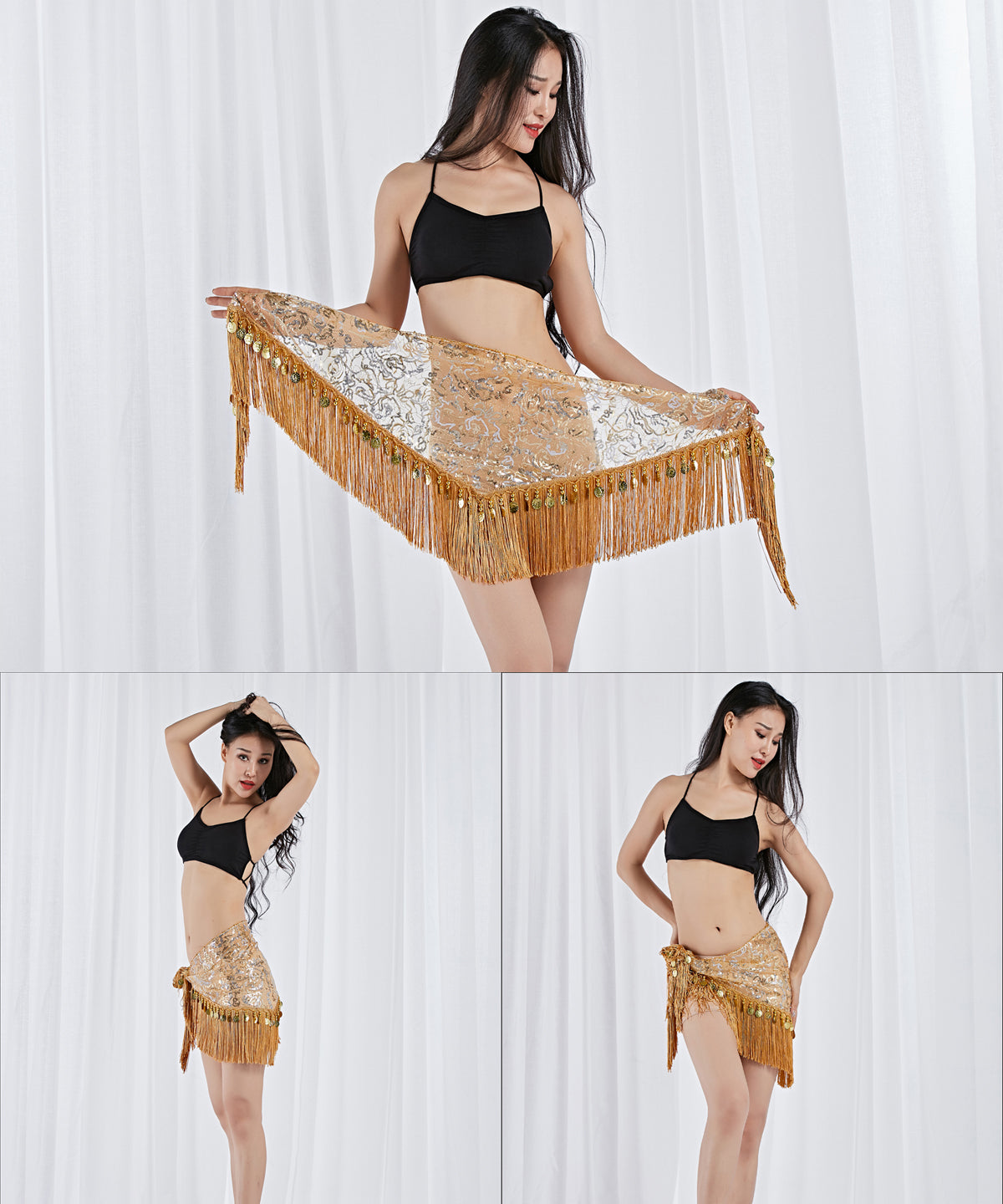 Tassels Fringed Sequins Triangle Belly Dance Hip Scarf Skirt Waist Belt for Outfits