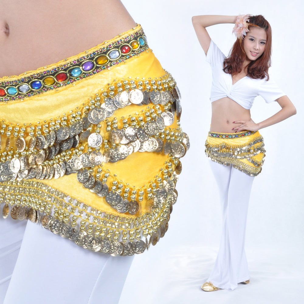 Belly Dance Wave Shape Hip Scarf with 328 Coins and Colorful Rhinestone, Belly Dance Waist Belts