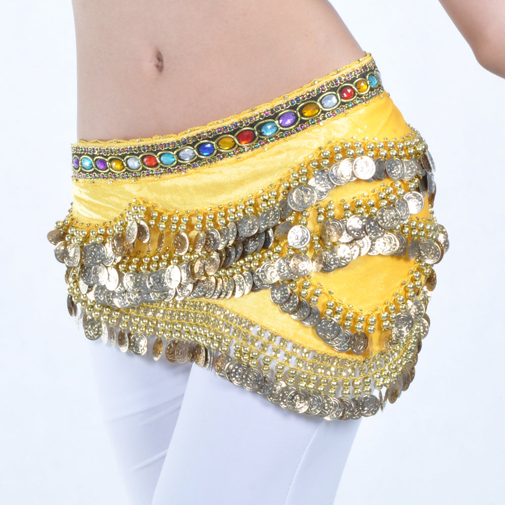 Belly Dance Wave Shape Hip Scarf with 328 Coins and Colorful Rhinestone, Belly Dance Waist Belts