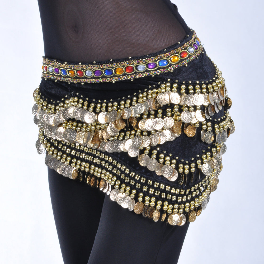 Belly Dance Wave Shape Hip Scarf with 328 Coins and Colorful Rhinestone, Belly Dance Waist Belts