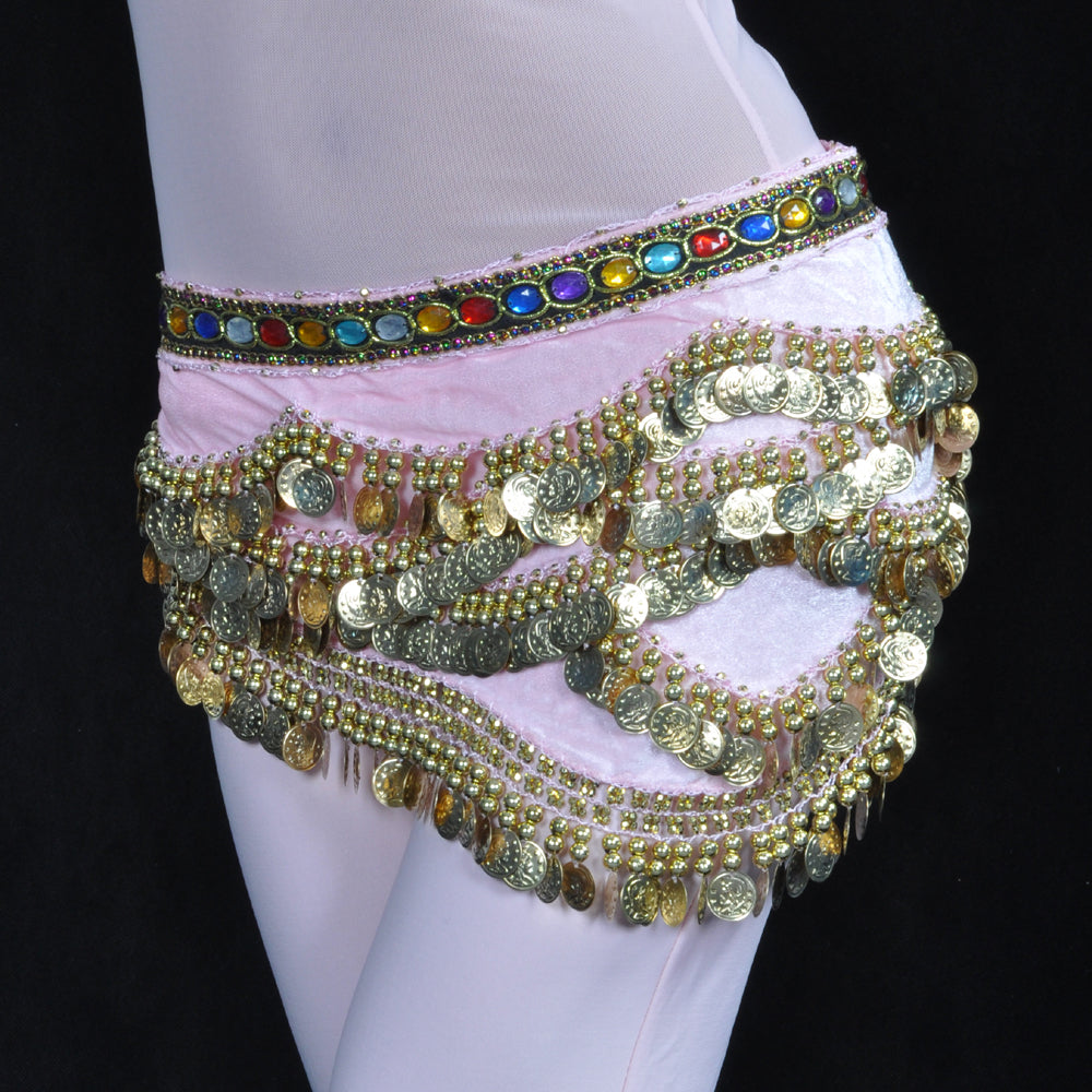 Belly Dance Wave Shape Hip Scarf with 328 Coins and Colorful Rhinestone, Belly Dance Waist Belts