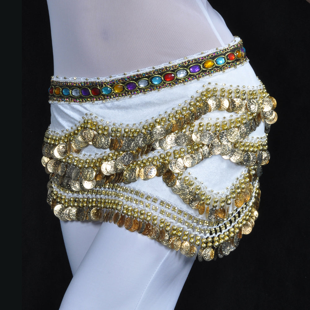 Belly Dance Wave Shape Hip Scarf with 328 Coins and Colorful Rhinestone, Belly Dance Waist Belts