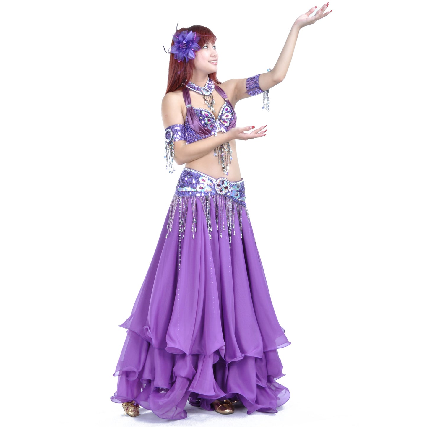 Tribal Belly Dance Costumes with 3-Layers Skirt and Beaded Bra Belly Dance Dress