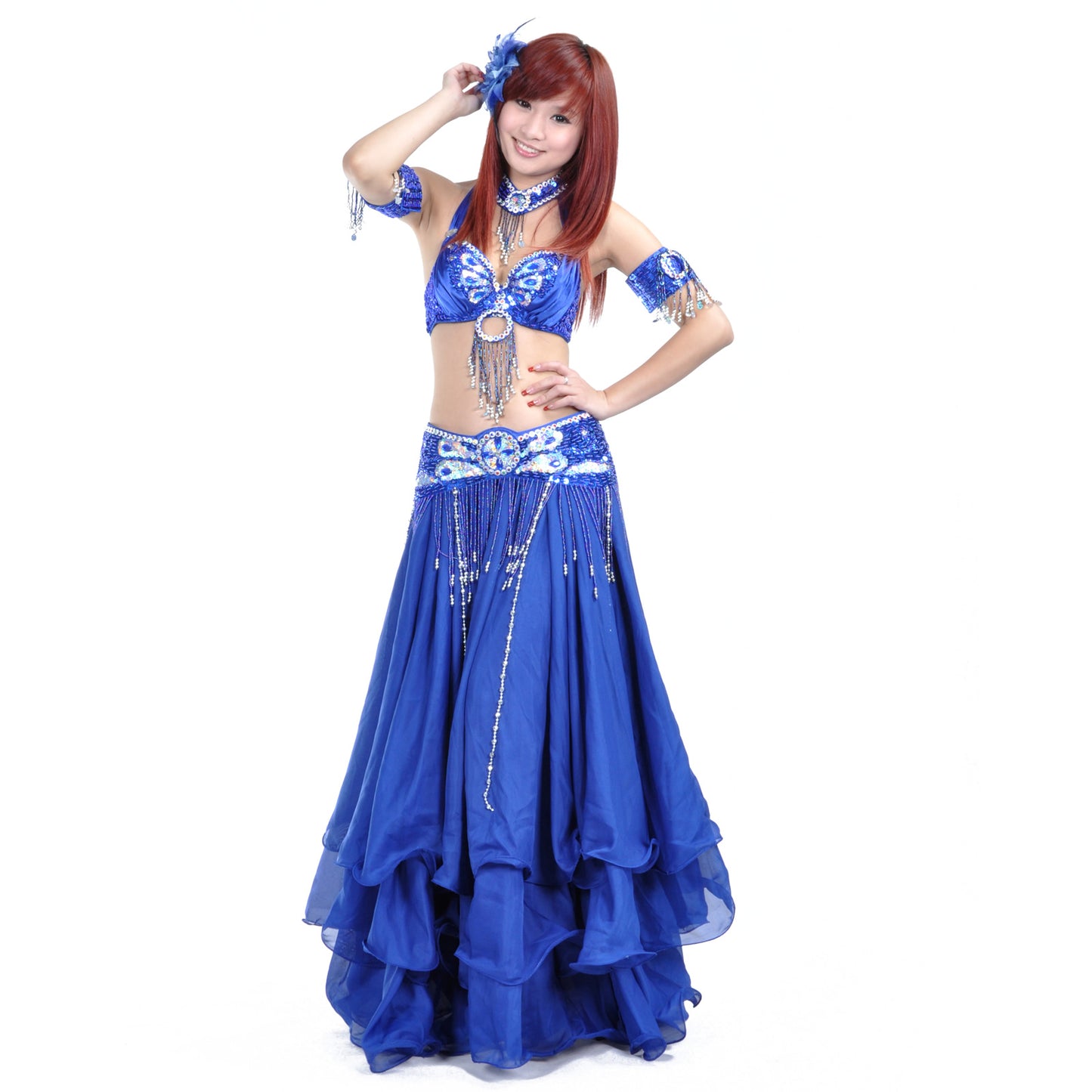 Tribal Belly Dance Costumes with 3-Layers Skirt and Beaded Bra Belly Dance Dress