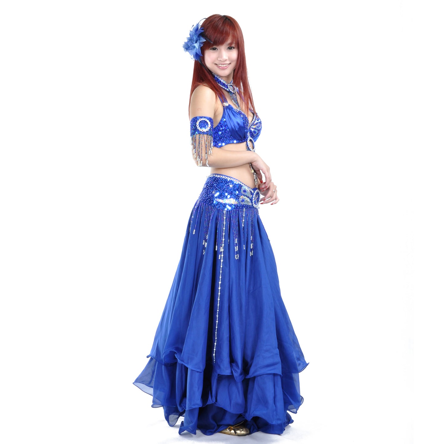 Tribal Belly Dance Costumes with 3-Layers Skirt and Beaded Bra Belly Dance Dress