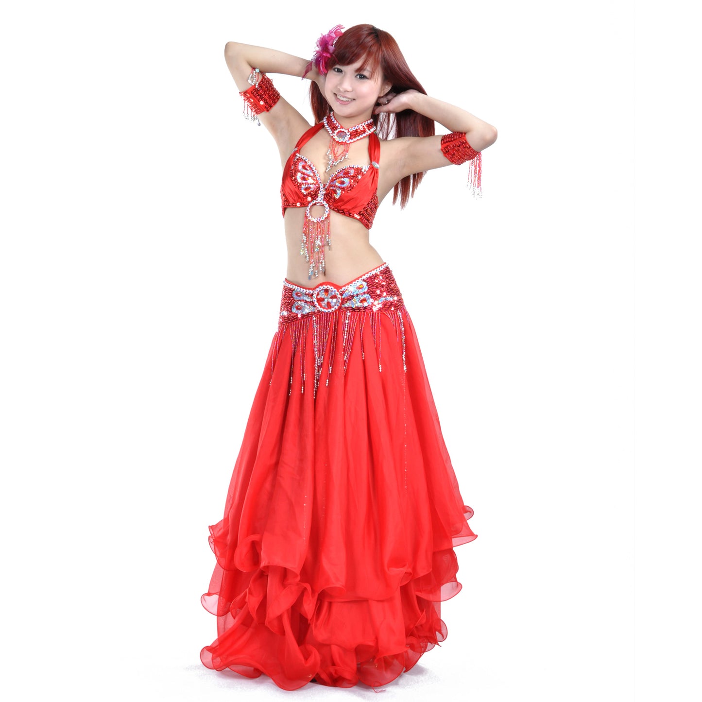Tribal Belly Dance Costumes with 3-Layers Skirt and Beaded Bra Belly Dance Dress