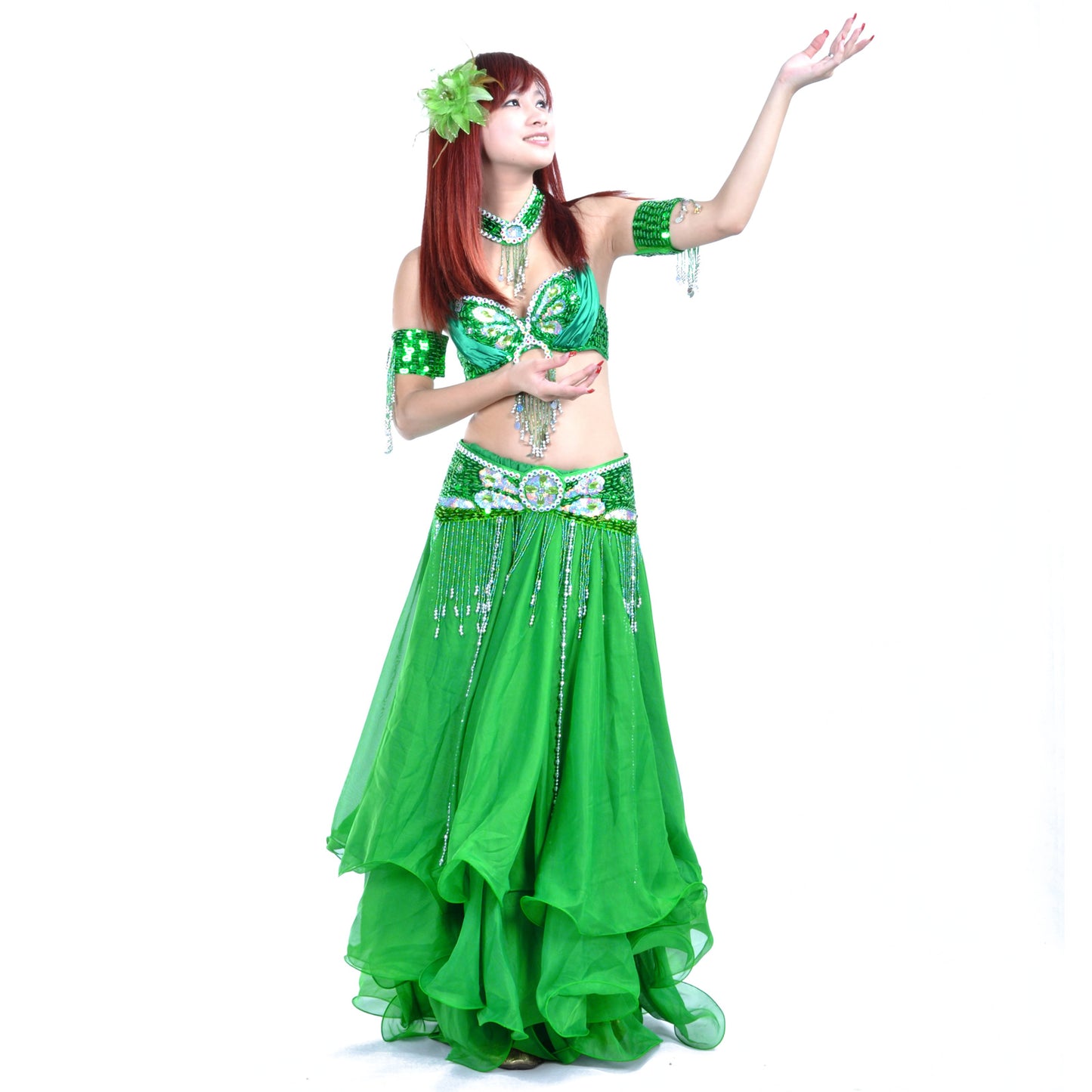 Tribal Belly Dance Costumes with 3-Layers Skirt and Beaded Bra Belly Dance Dress