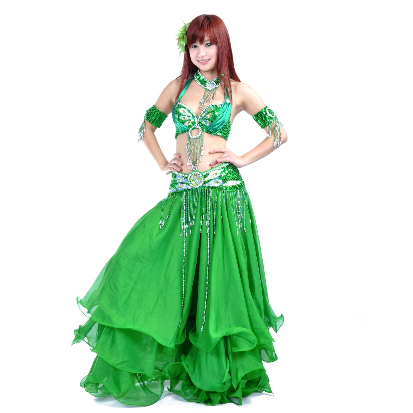 Tribal Belly Dance Costumes with 3-Layers Skirt and Beaded Bra Belly Dance Dress