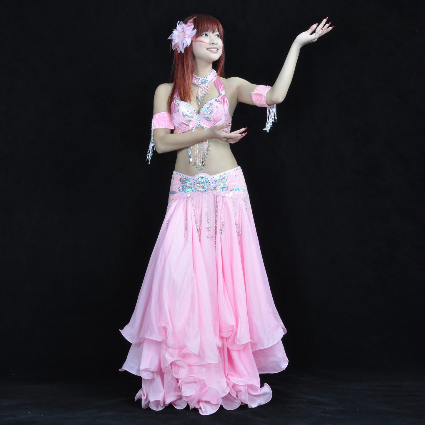 Tribal Belly Dance Costumes with 3-Layers Skirt and Beaded Bra Belly Dance Dress