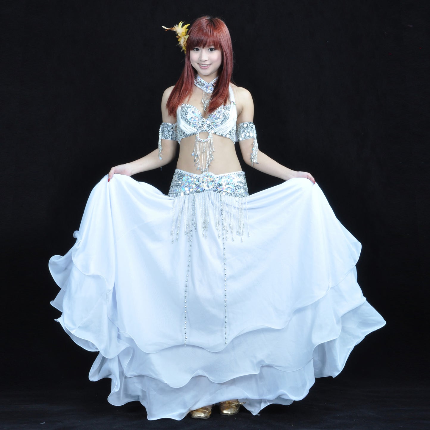 Tribal Belly Dance Costumes with 3-Layers Skirt and Beaded Bra Belly Dance Dress