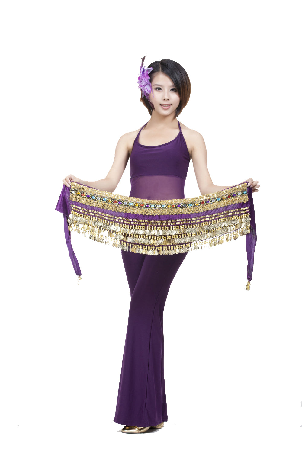 Women's Belly Dance Wave Shape Hip Scarf with 248 Coins and Colorful Rhinestone, Belly Dance Waist Belts