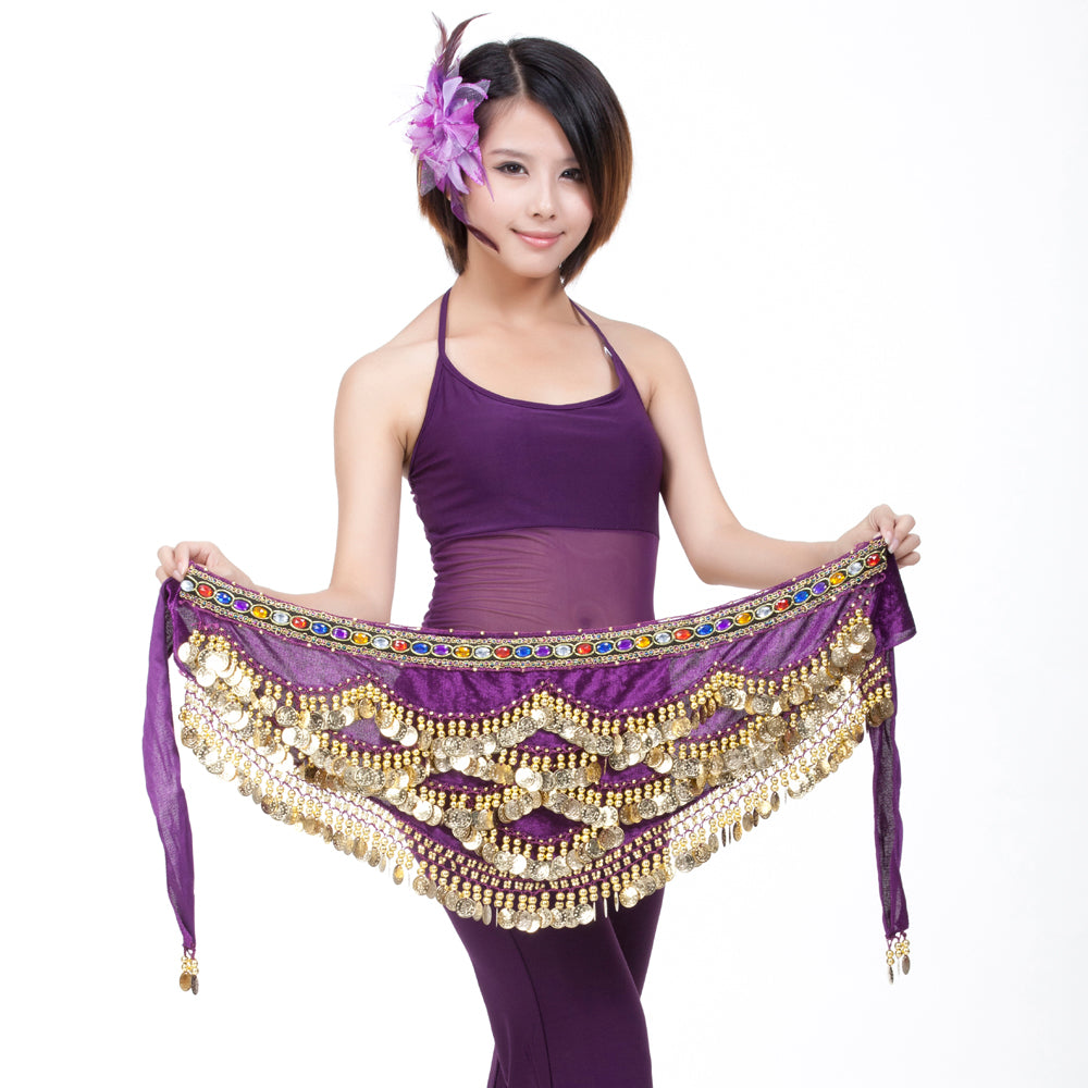 Belly Dance Wave Shape Hip Scarf with 328 Coins and Colorful Rhinestone, Belly Dance Waist Belts
