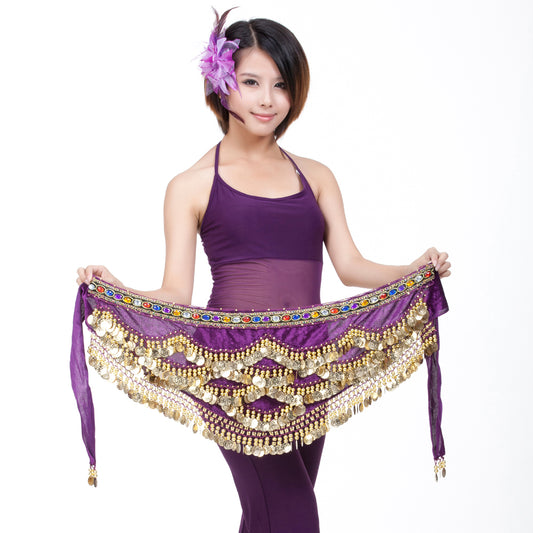Belly Dance Wave Shape Hip Scarf with 328 Coins and Colorful Rhinestone, Belly Dance Waist Belts