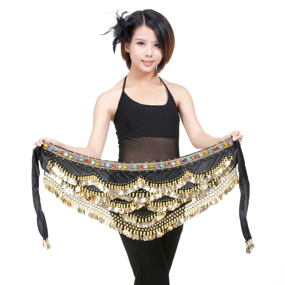 Belly Dance Wave Shape Hip Scarf with 328 Coins and Colorful Rhinestone, Belly Dance Waist Belts